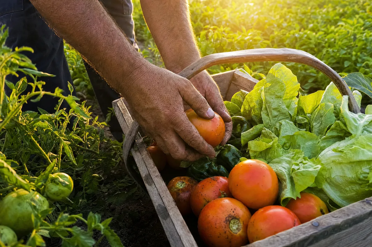 Cosecha a mano de tomates y hortalizas frescas en una finca de la red Origen Tu Campo