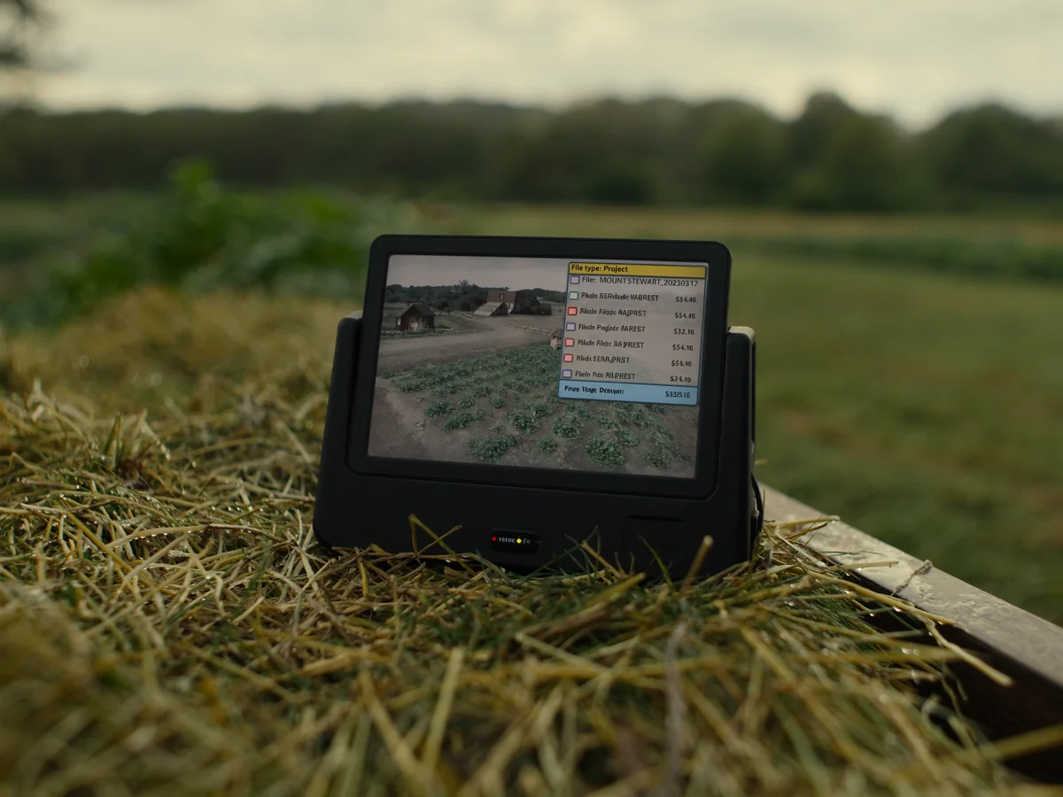 Vista de GPS de campo sobre bancal hortícola — pantalla con coordenadas decimales y mapa de parcelas superpuesto